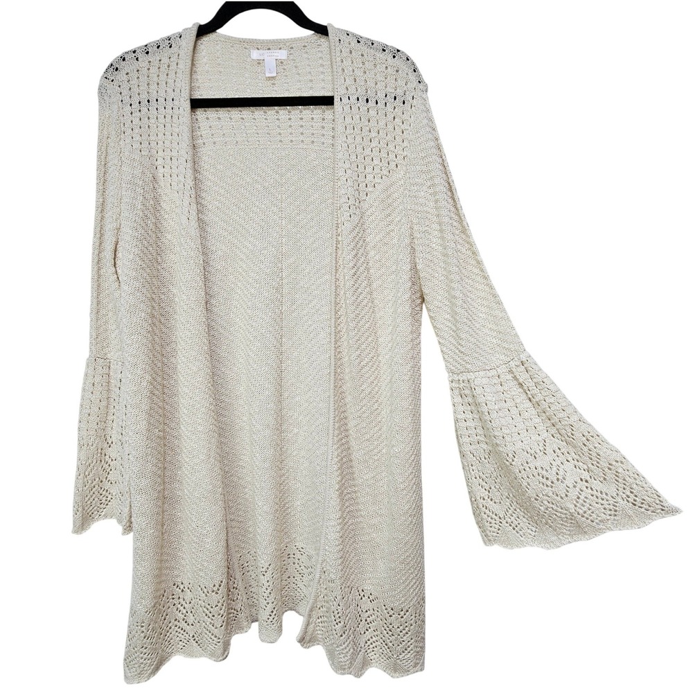 Lauren Conrad Cream Pointelle Bell Sleeve Knit Cardigan L Boho Cottagecore Layer
